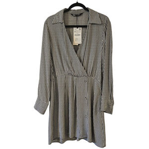 ZARA Houndstooth Wrap Dress Size M Black White Long Sleeve Collared NWT